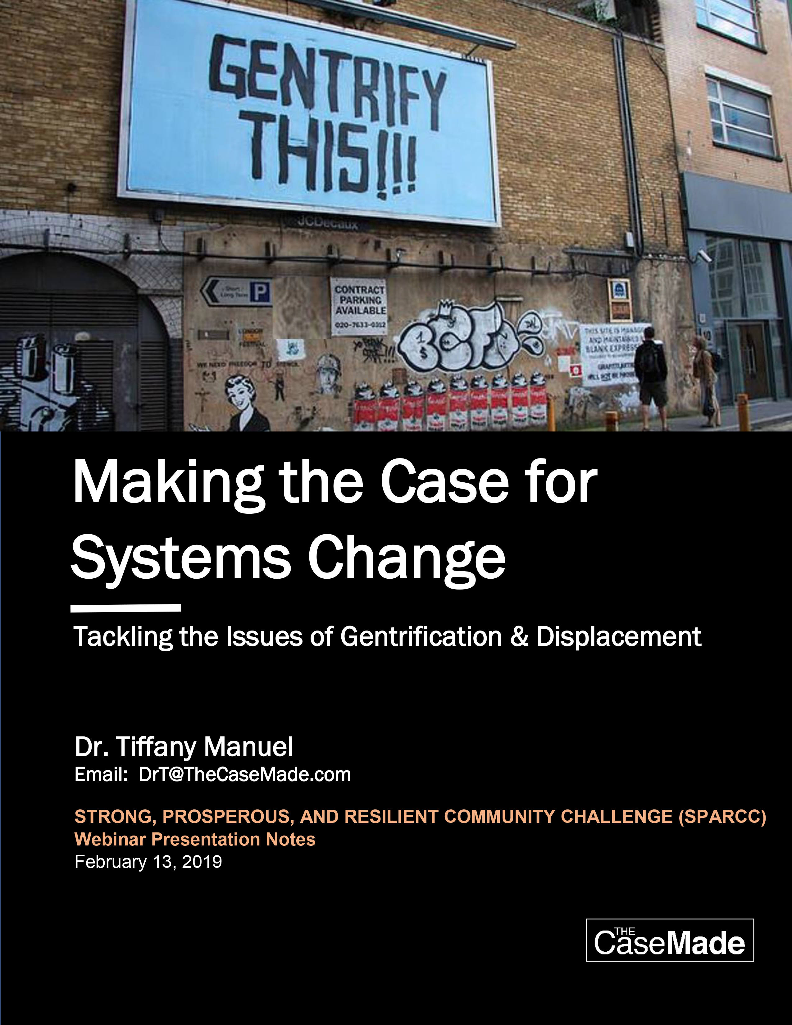 Cover of "Making the Case for Systems Change" including sign saying "gentrify this!"